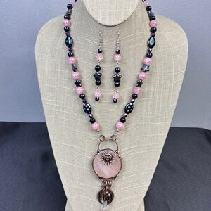 Handmade Necklace Earrings Set Pink Quartz Pendant Moon Stars Glass Beads Copper